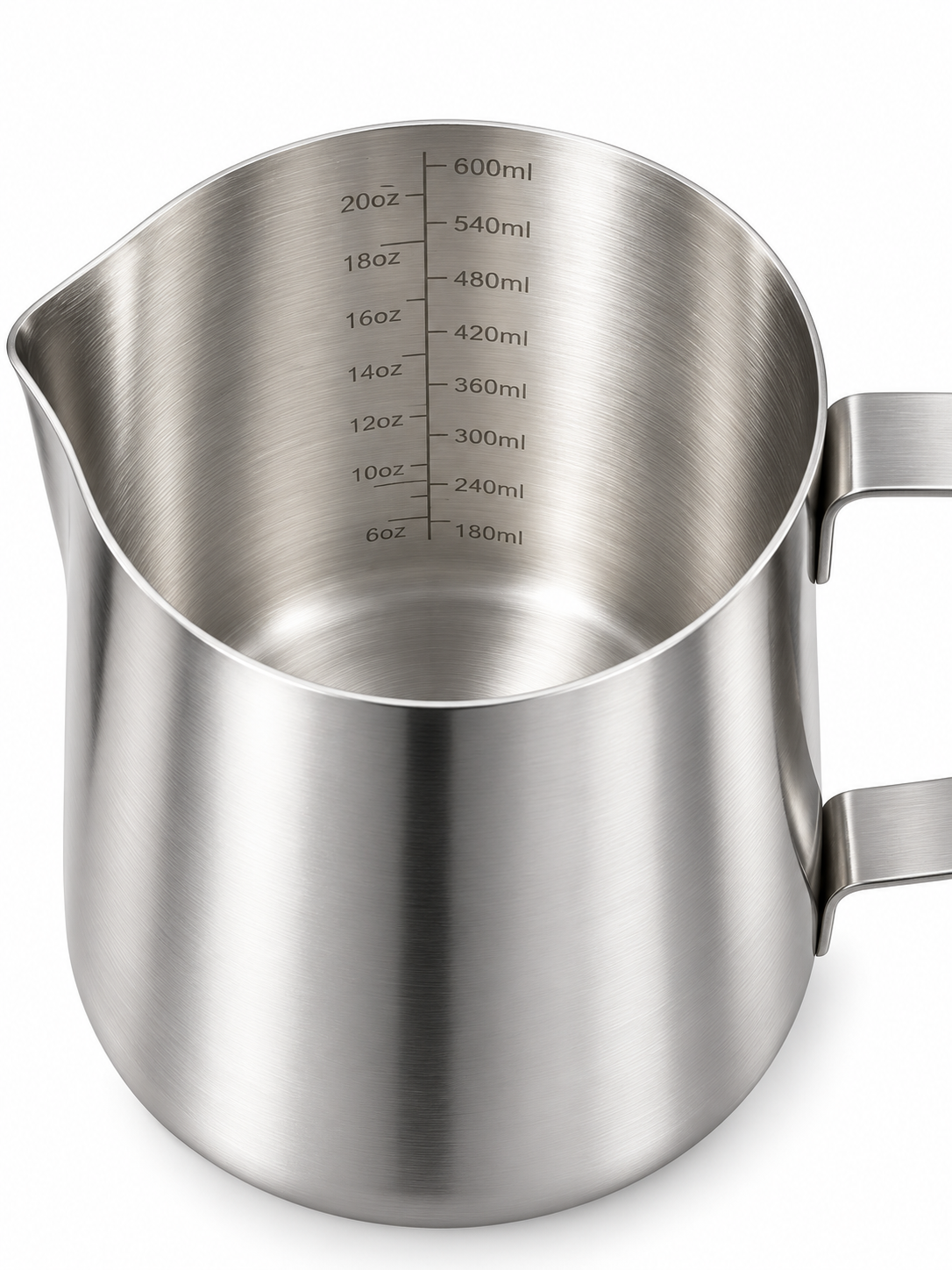 A stainless steel milk pitcher with a brushed metal finish, featuring printed measurement markings inside the pouring spout and a side handle, shown on a white background.