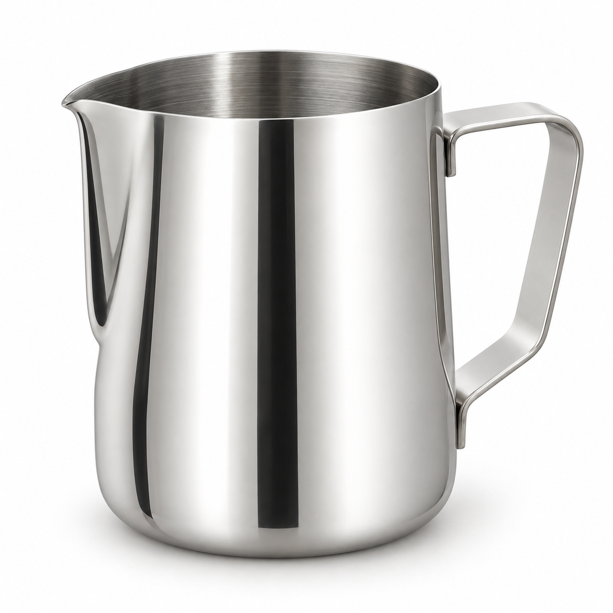 A stainless steel milk pitcher with a curved handle and pouring spout, shown on a clean white background.
