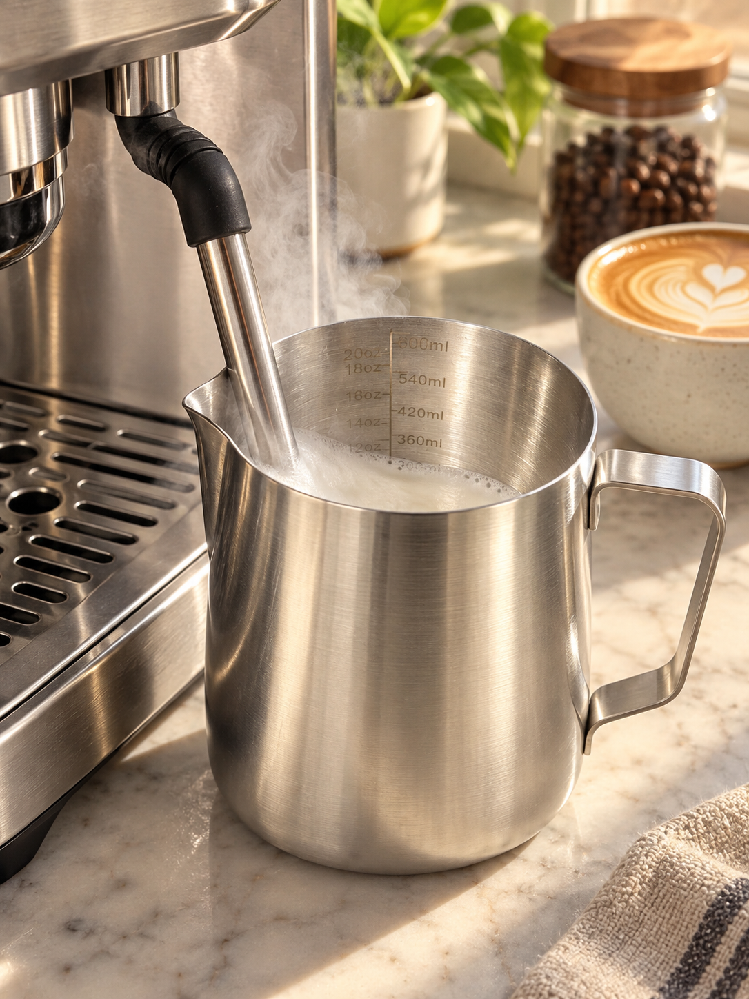 A stainless steel milk pitcher with measurement markings sits on a marble countertop next to a coffee machine, with steam rising as milk is being poured in. A cup of latte and coffee beans are blurred in the background.