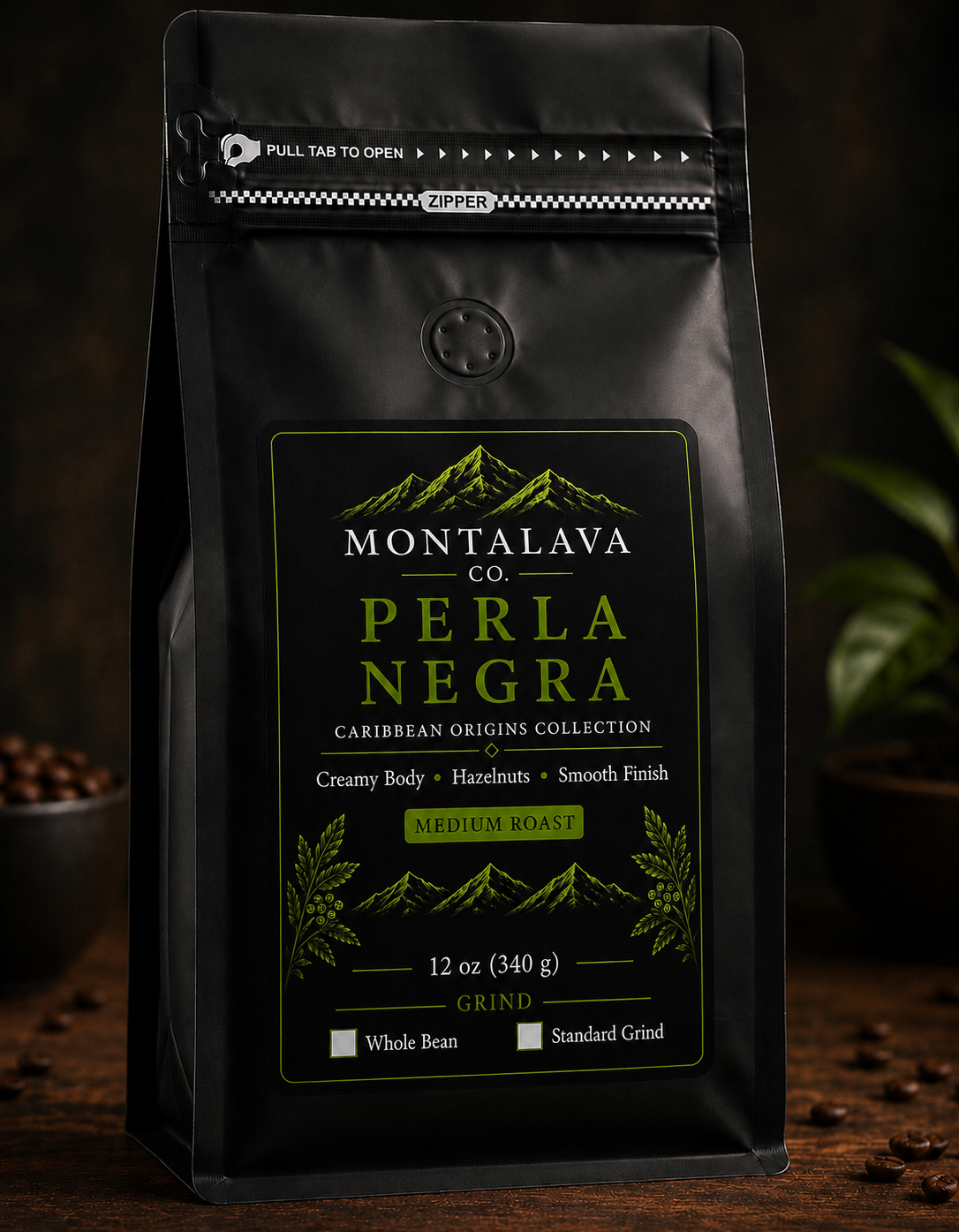 A black stand-up coffee bag labeled Montalava Co. Perla Negra, photographed on a dark wooden surface with coffee beans and a blurred plant in the background.
