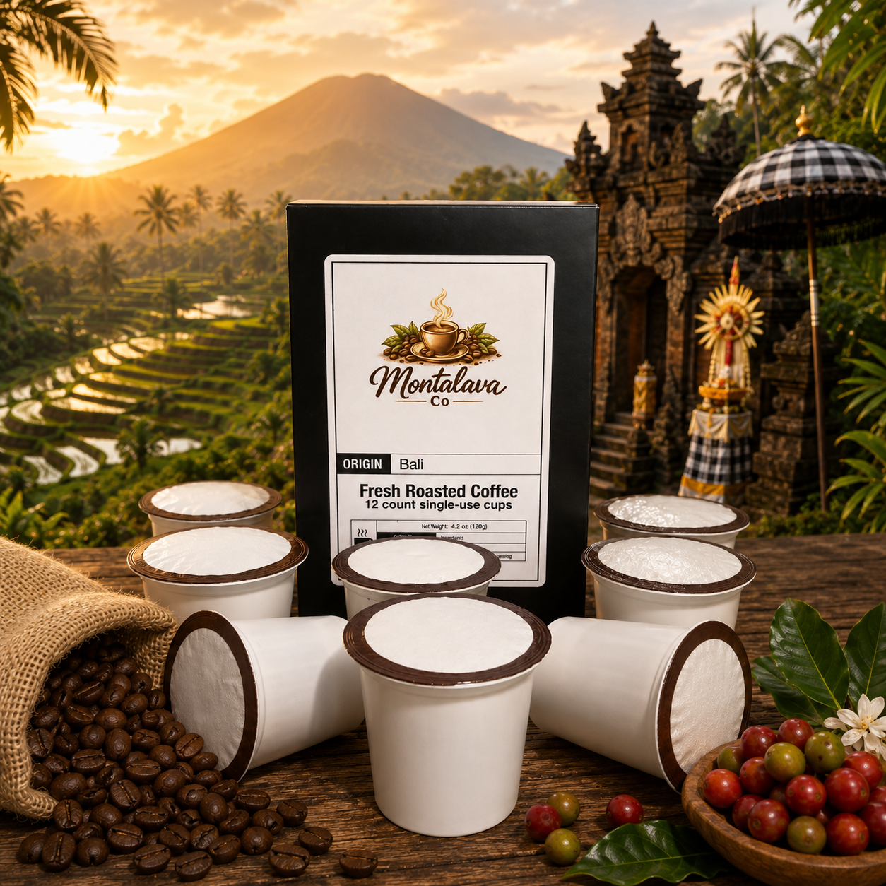 Montalava coffee packaging with single-use cups and coffee beans against a scenic background