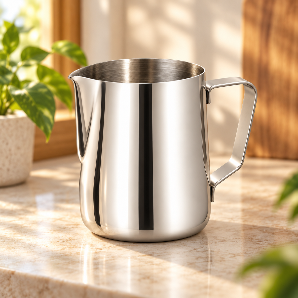 A stainless steel milk pitcher with a curved handle, sitting on a light beige marble countertop with a potted plant and warm sunlight in the background.