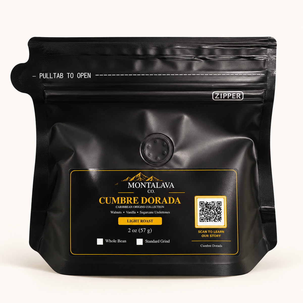 A matte black stand-up coffee bag with a pull-tab zipper closure, featuring a front label for 'Montalava Co. Cumbre Dorada' with gold text and a QR code, photographed on a clean off-white background.