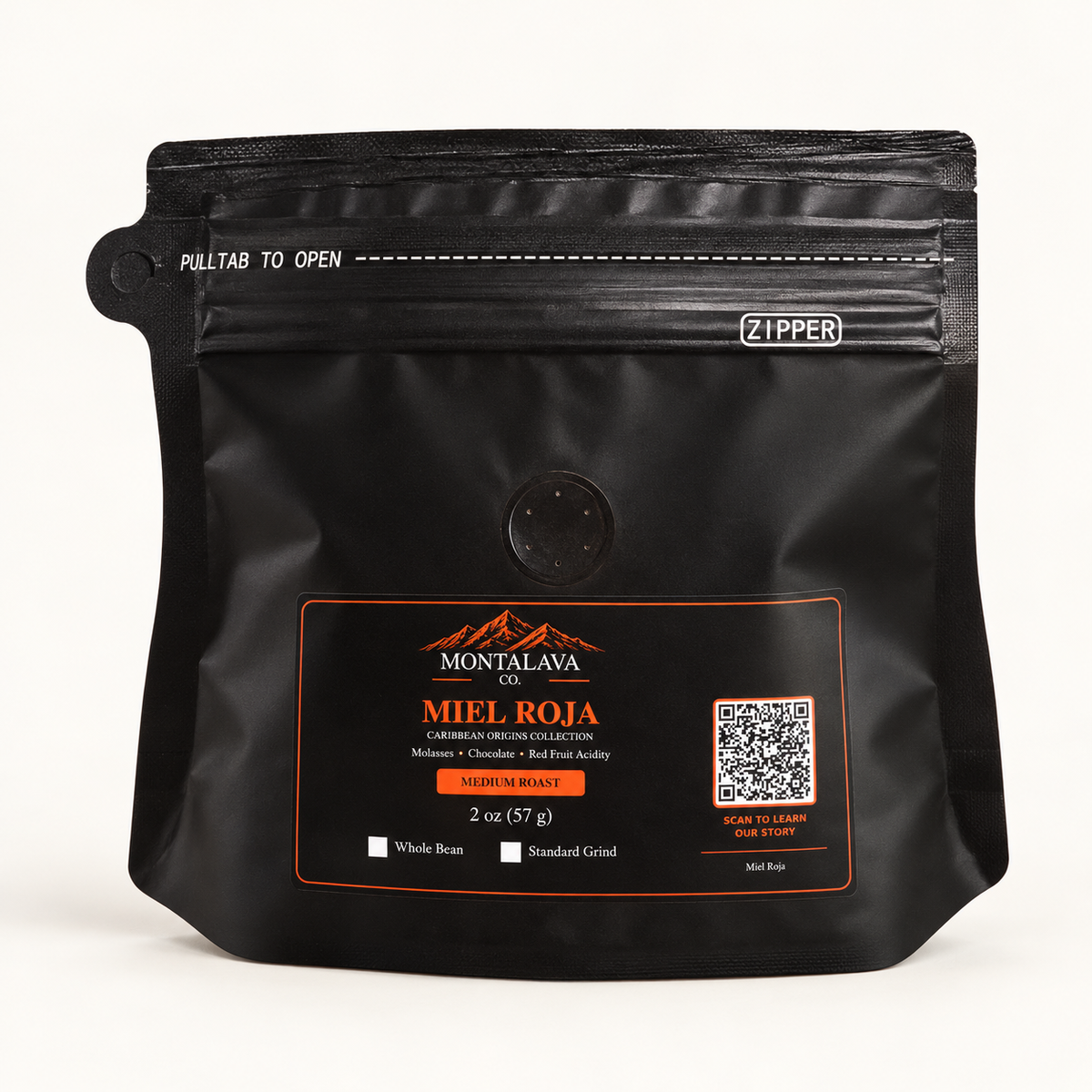 A black stand-up pouch of Montalava Miel Roja whole bean coffee on a clean white background. The front label features orange text and borders, a QR code, and product details.