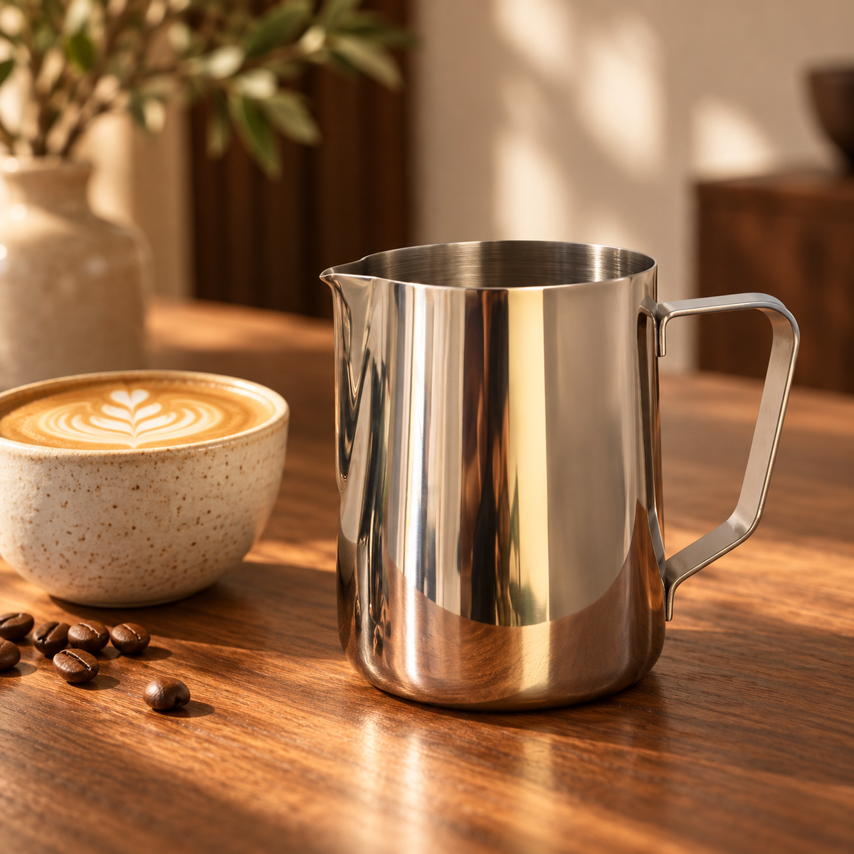 A polished stainless steel milk pitcher with a handle sits on a wooden table beside a cup of latte art coffee, with scattered coffee beans and a blurred vase in the background.