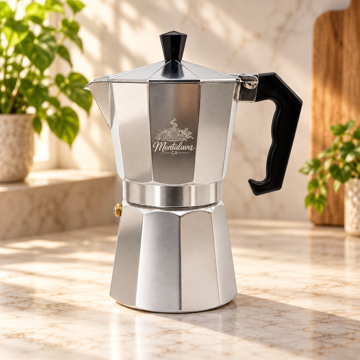 A polished aluminum moka pot with a black handle and lid knob sits on a marble countertop. The brand name 'Mendelawa Coffee' is printed on the front.