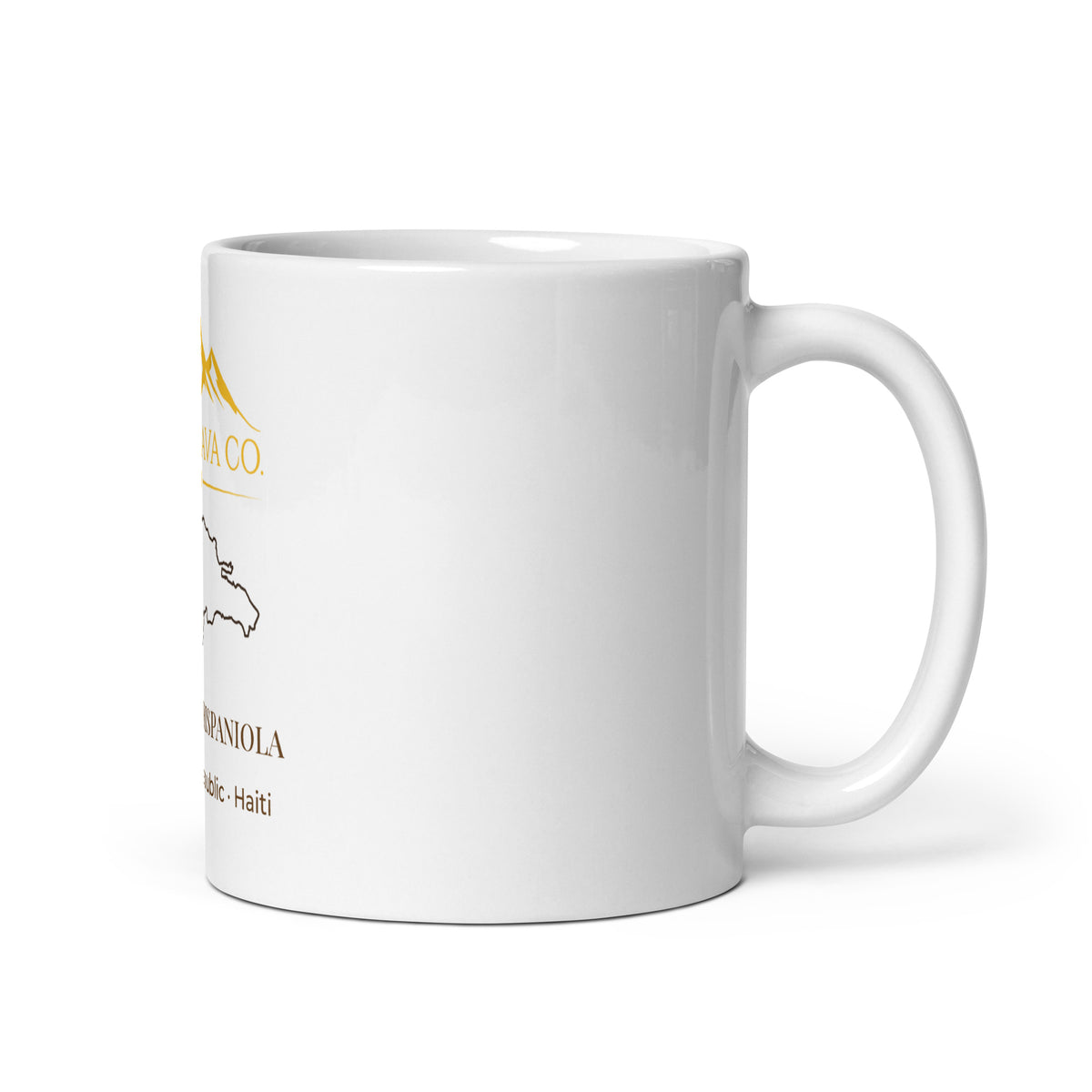 Montalava Co. white ceramic 11 oz mug with Rooted in Hispaniola design, handle right