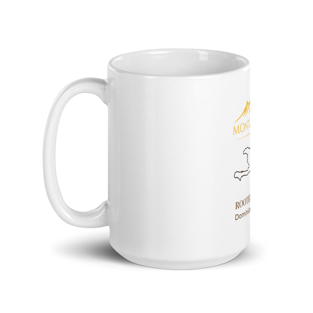 Montalava Co. white ceramic 15 oz mug with Rooted in Hispaniola design, handle left