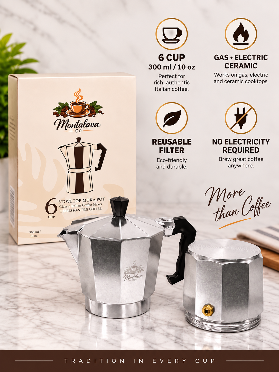 A stovetop moka pot and its matching box by Montalava Coffee, displayed on a marble surface with product feature callouts and icons in the background.