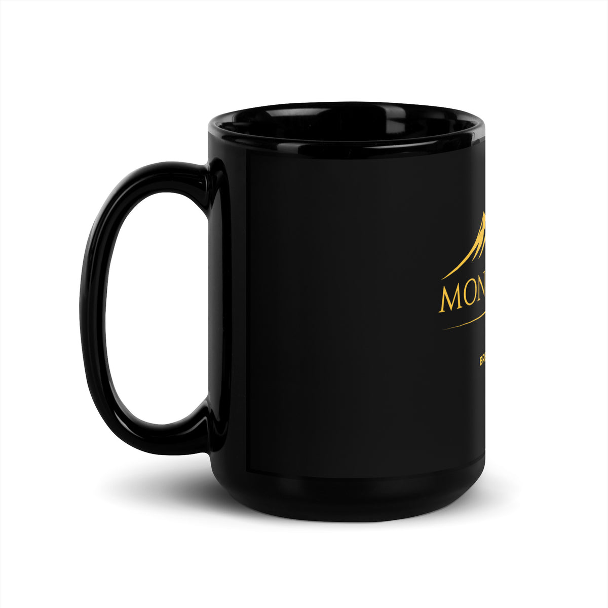 Montalava Co. black 15 oz mug with gold Brewed With Purpose design, handle left