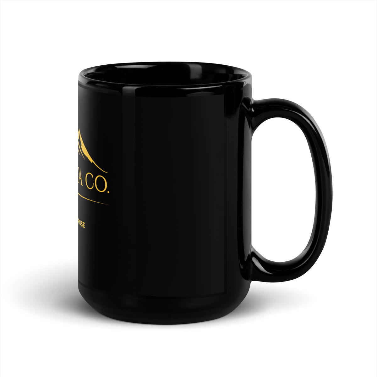 Montalava Co. black 15 oz mug with gold Brewed With Purpose design, handle right 