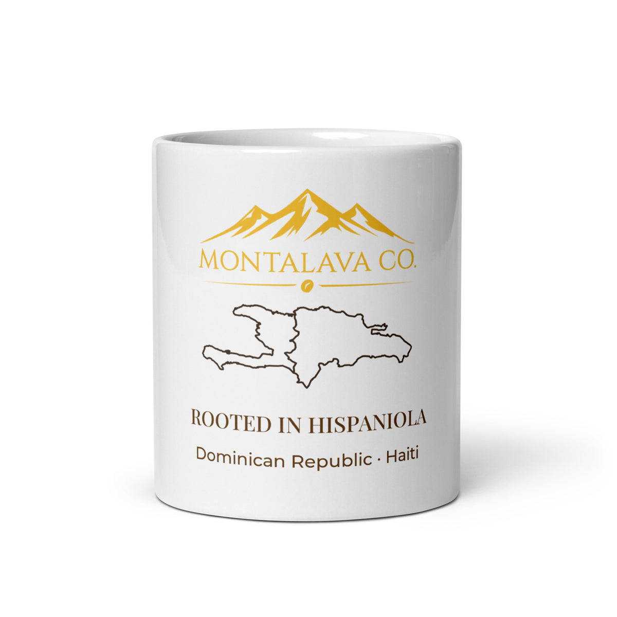 Montalava Co. white ceramic 11 oz mug with Rooted in Hispaniola design