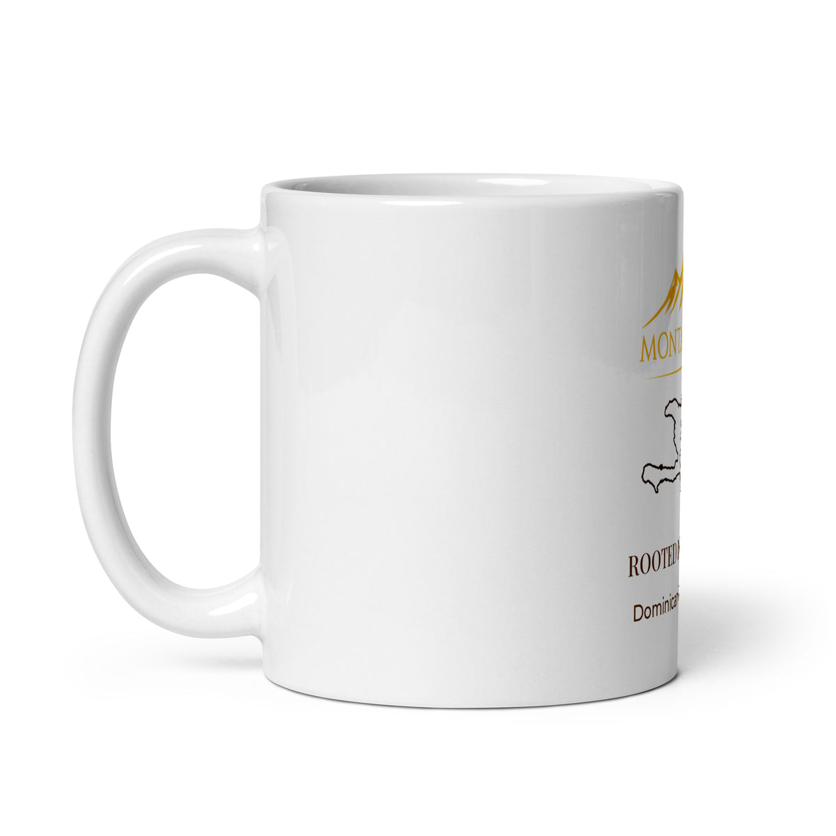 Montalava Co. white ceramic 11 oz mug with Rooted in Hispaniola design, handle left