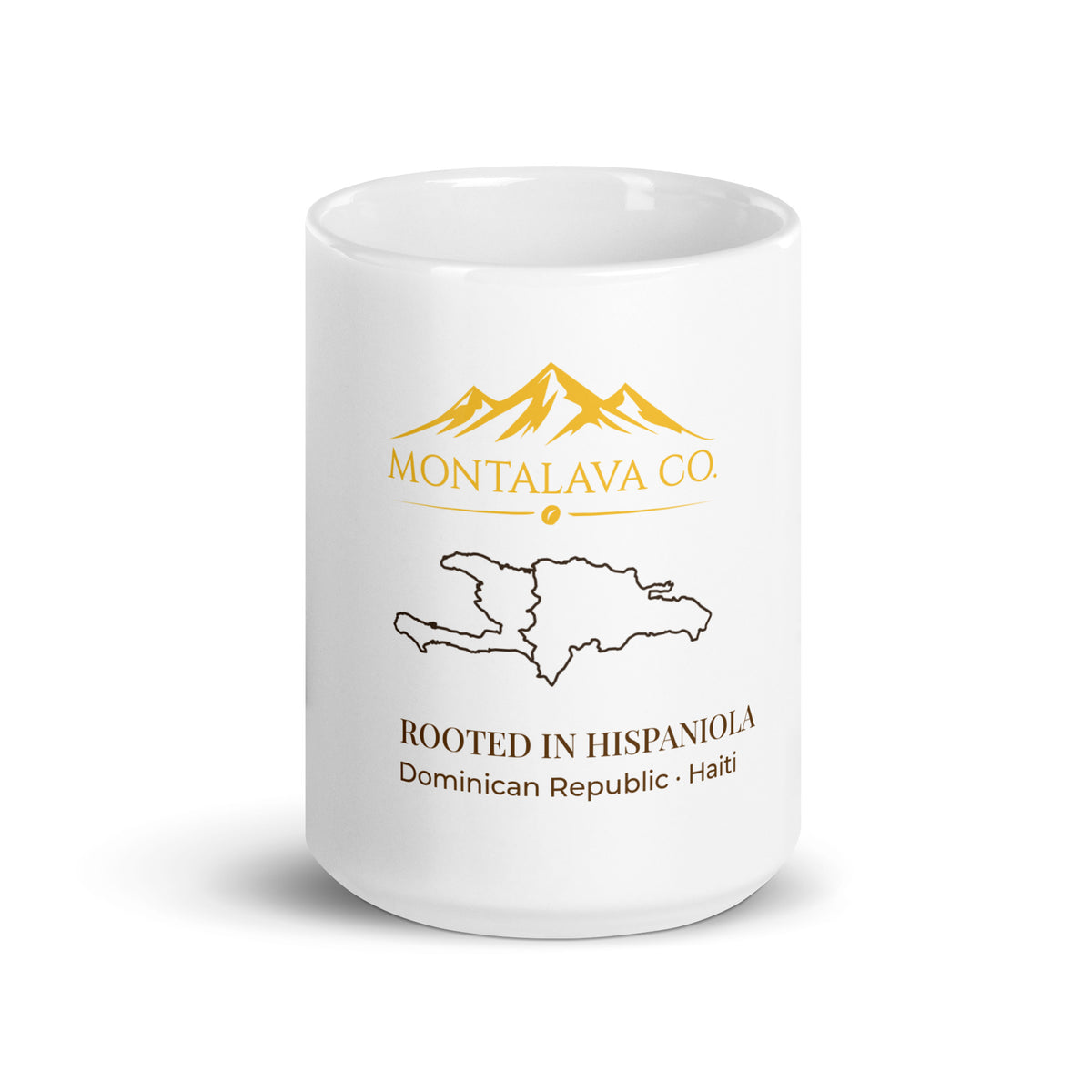 Montalava Co. white ceramic 15 oz mug with Rooted in Hispaniola design