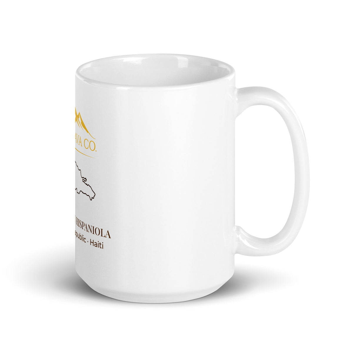 Montalava Co. white ceramic 15 oz mug with Rooted in Hispaniola design, handle right